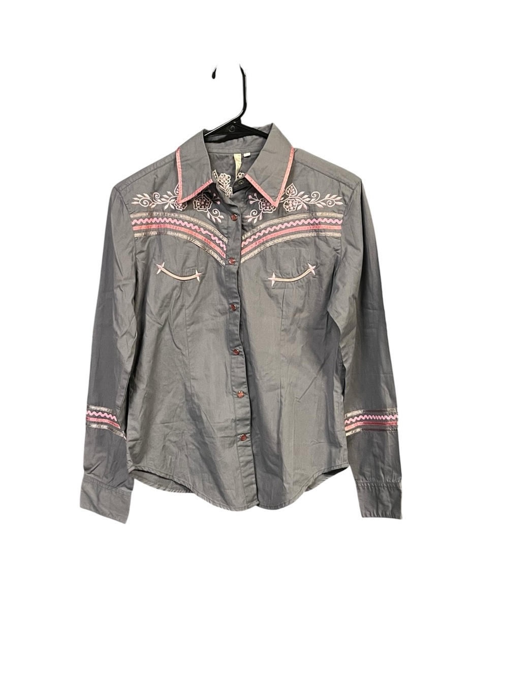 Martini Ranch NWT M Western Snap Shirt Gray Pink Floral Embroidered 90s Cowgirl